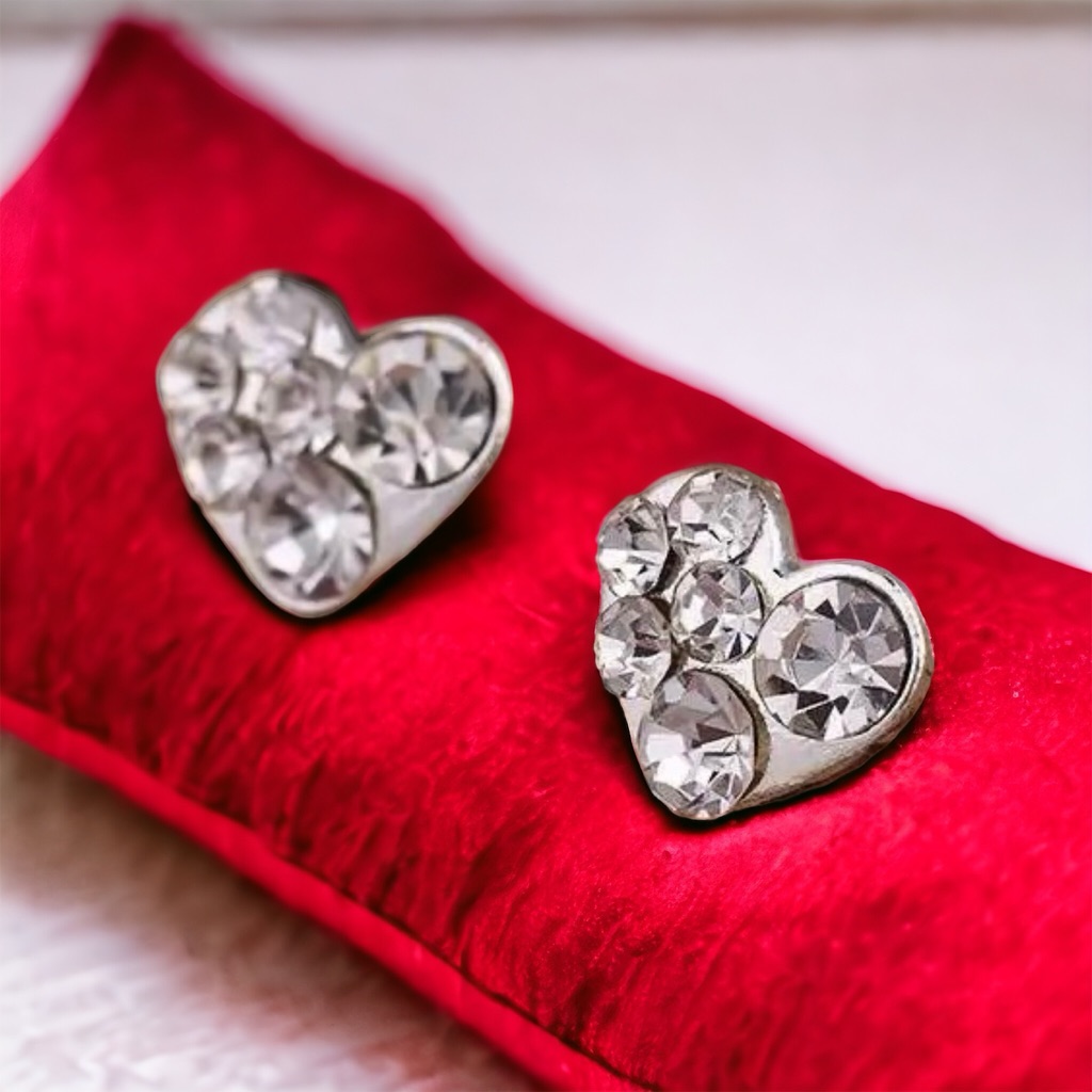 Clear Stone And Silver Heart Stud Earrings